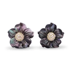 Luxury Hand Carved Dark Champagne Mother of Pearl and Diamond Earring in 18K Yellow Gold