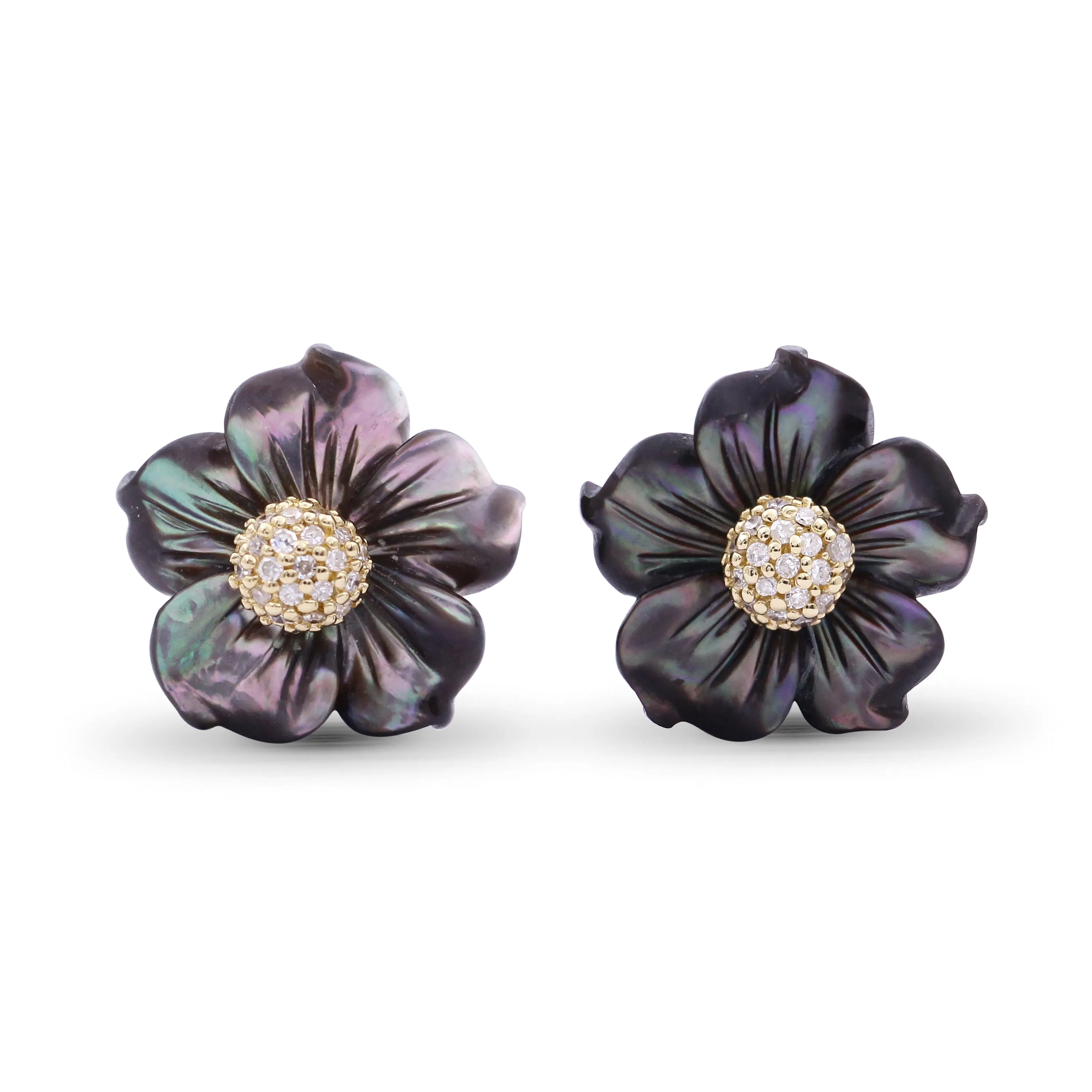Luxury Hand Carved Dark Champagne Mother of Pearl and Diamond Earring in 18K Yellow Gold