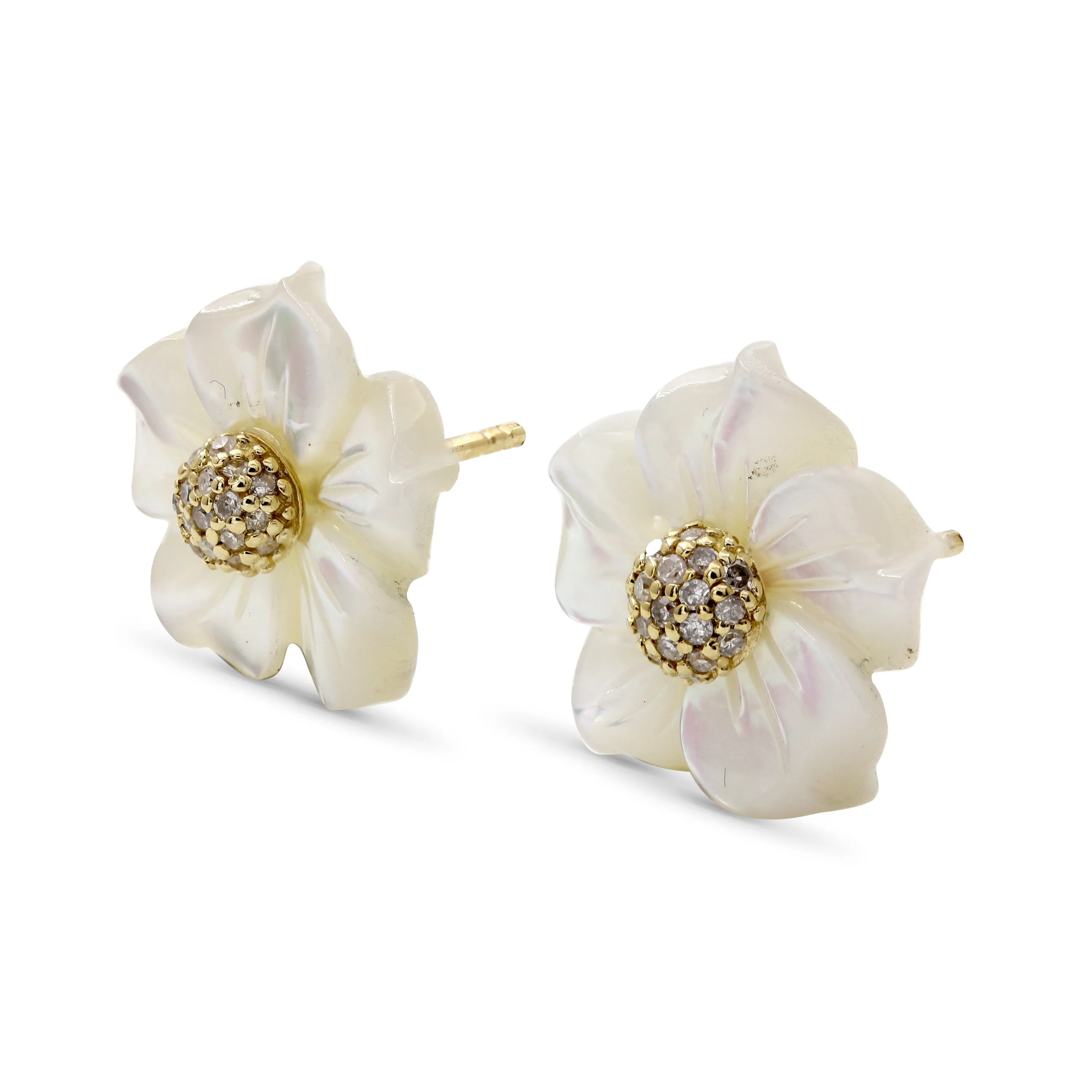 Luxury Hand Carved Mother of Pearl and Diamond Earrings in 18K Gold