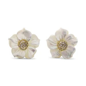 Luxury Hand Carved Mother of Pearl and Diamond Earrings in 18K Gold
