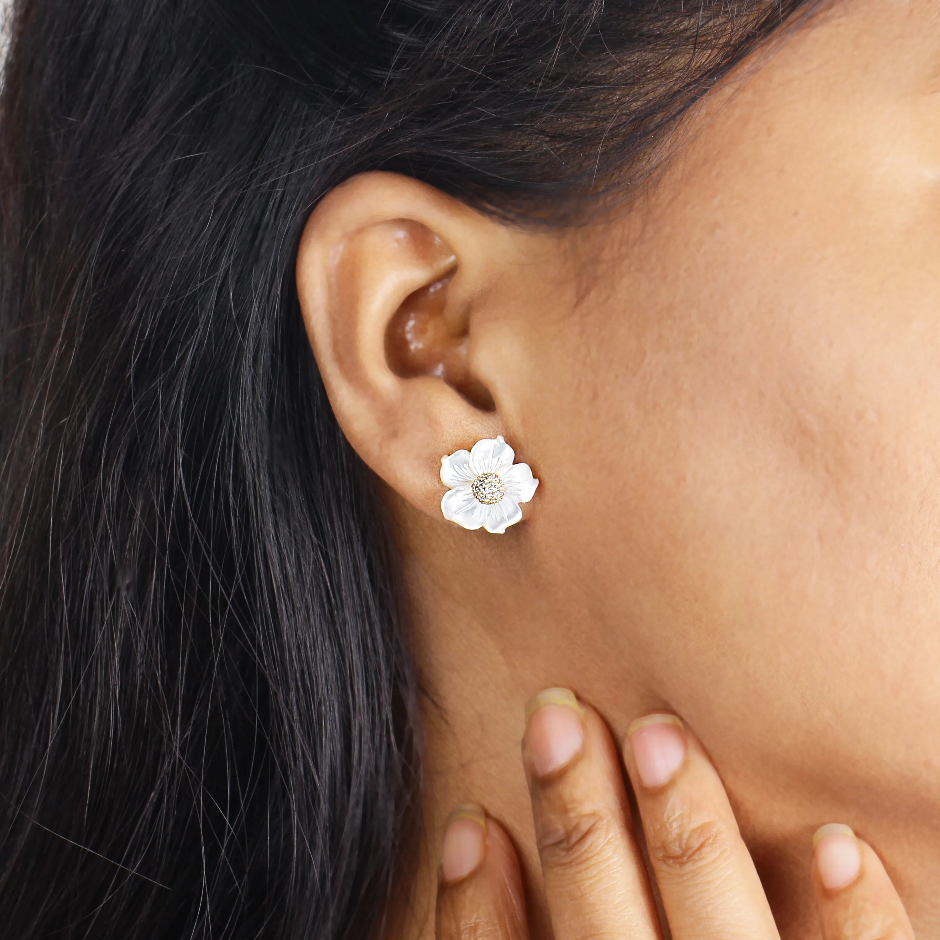 Luxury Hand Carved Mother of Pearl and Diamond Earrings in 18K Gold