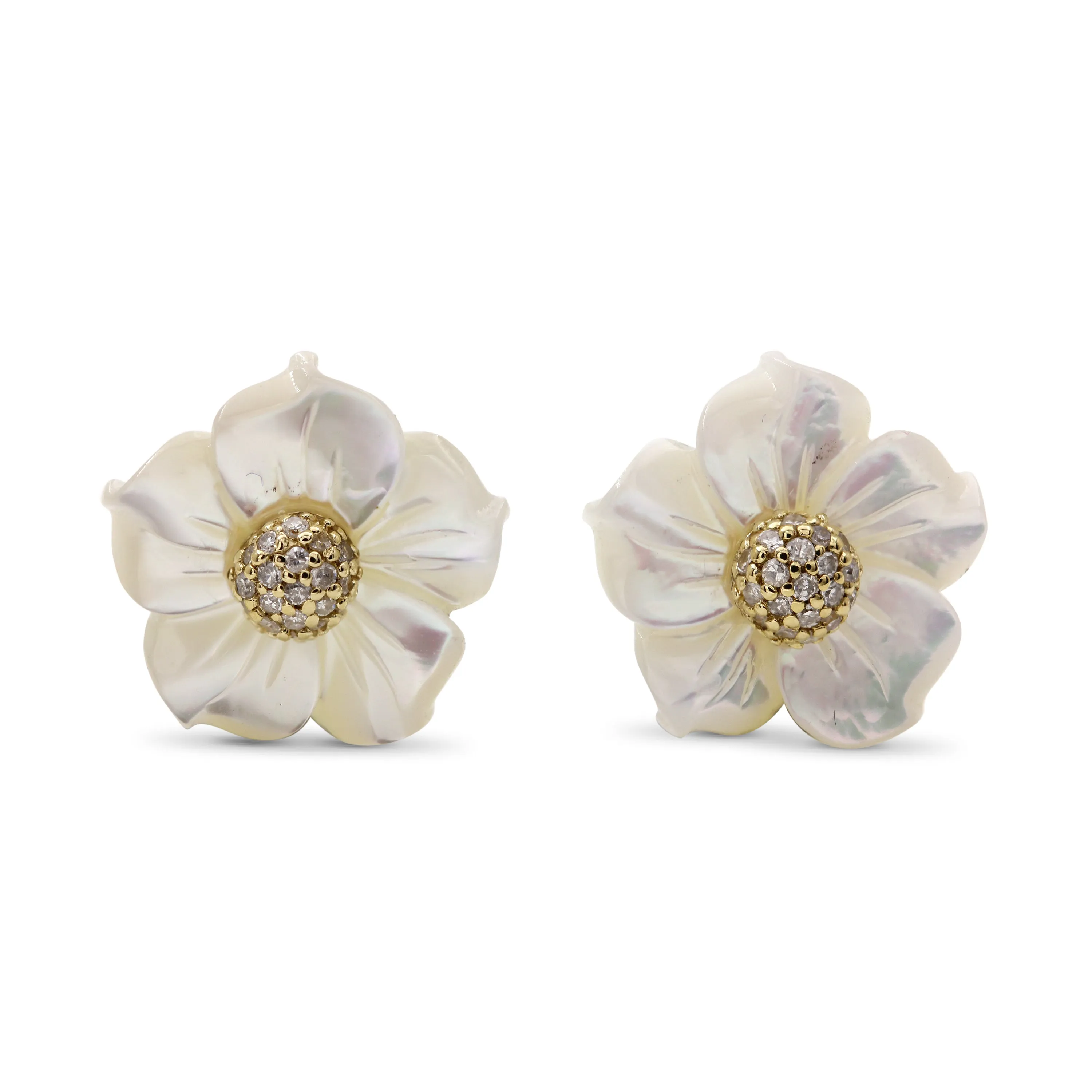 Luxury Hand Carved Mother of Pearl and Diamond Earrings in 18K Gold
