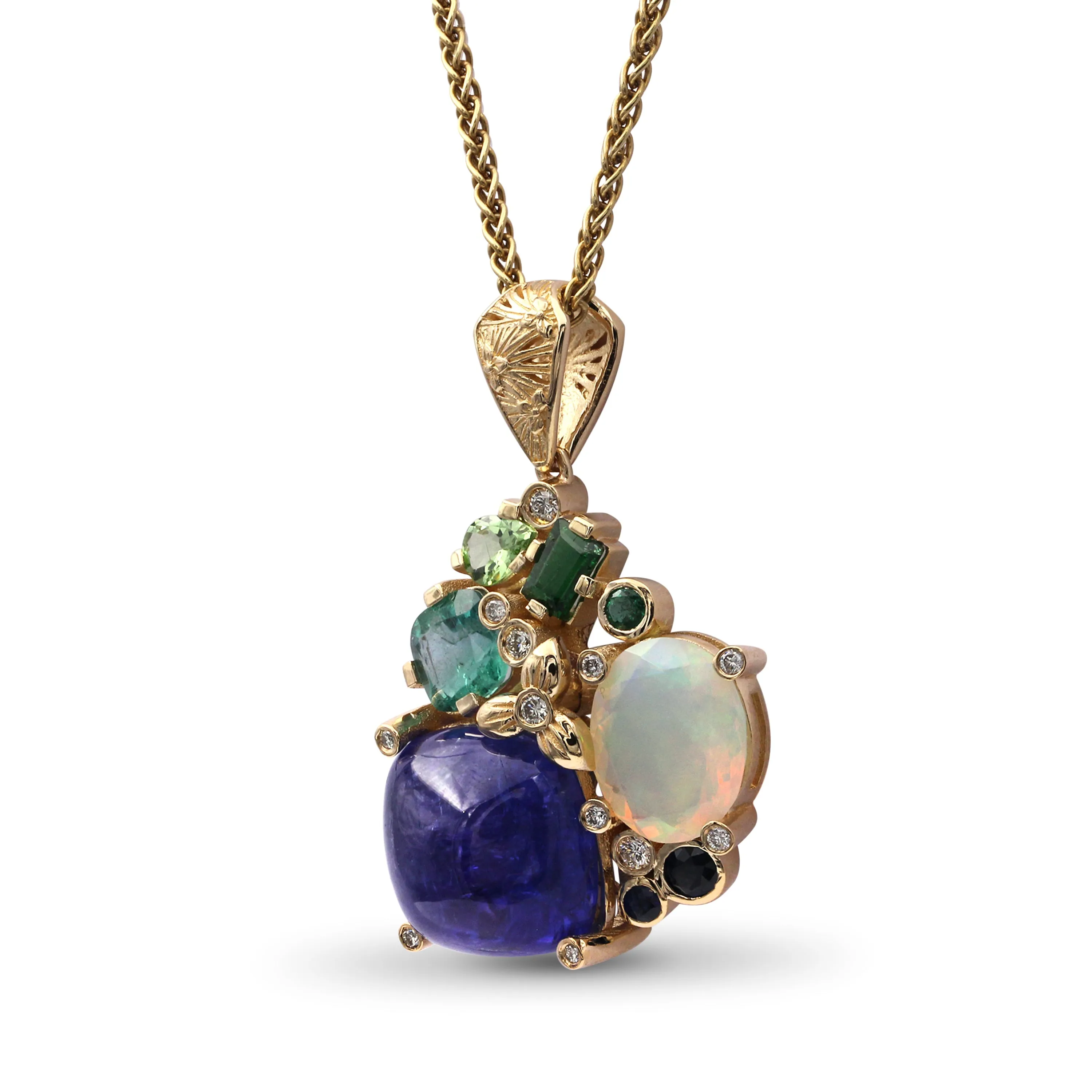 Luxury Tanzanite 17.2ct Opal 2.75ct Emerald 1.3ct Blue Sapphire Tsavorite Chrome Diopide and Diamond 0.20ct Pendant in 18K Gold