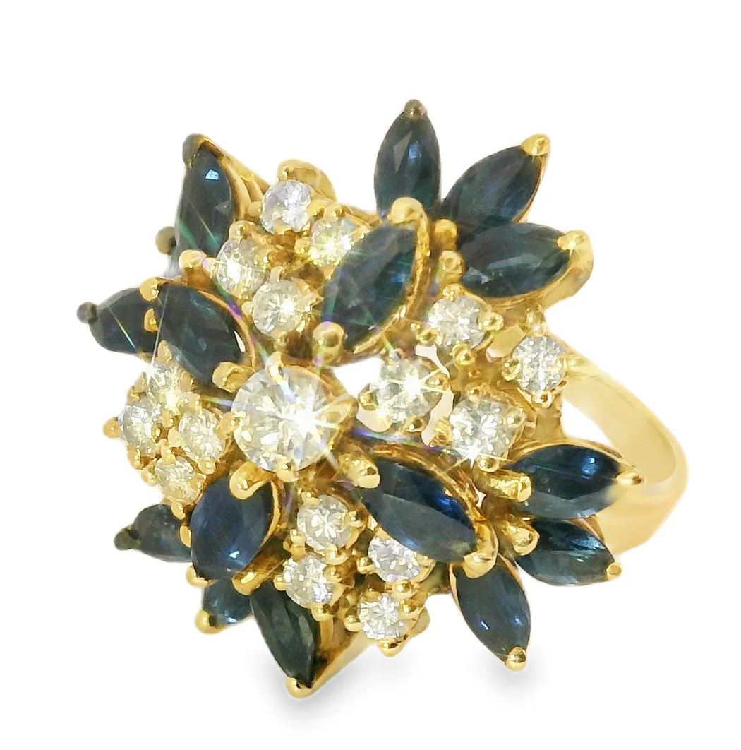 Magnificent Estate 14K Gold Marquise Sapphire Diamond Kaleidoscope Cocktail Ring