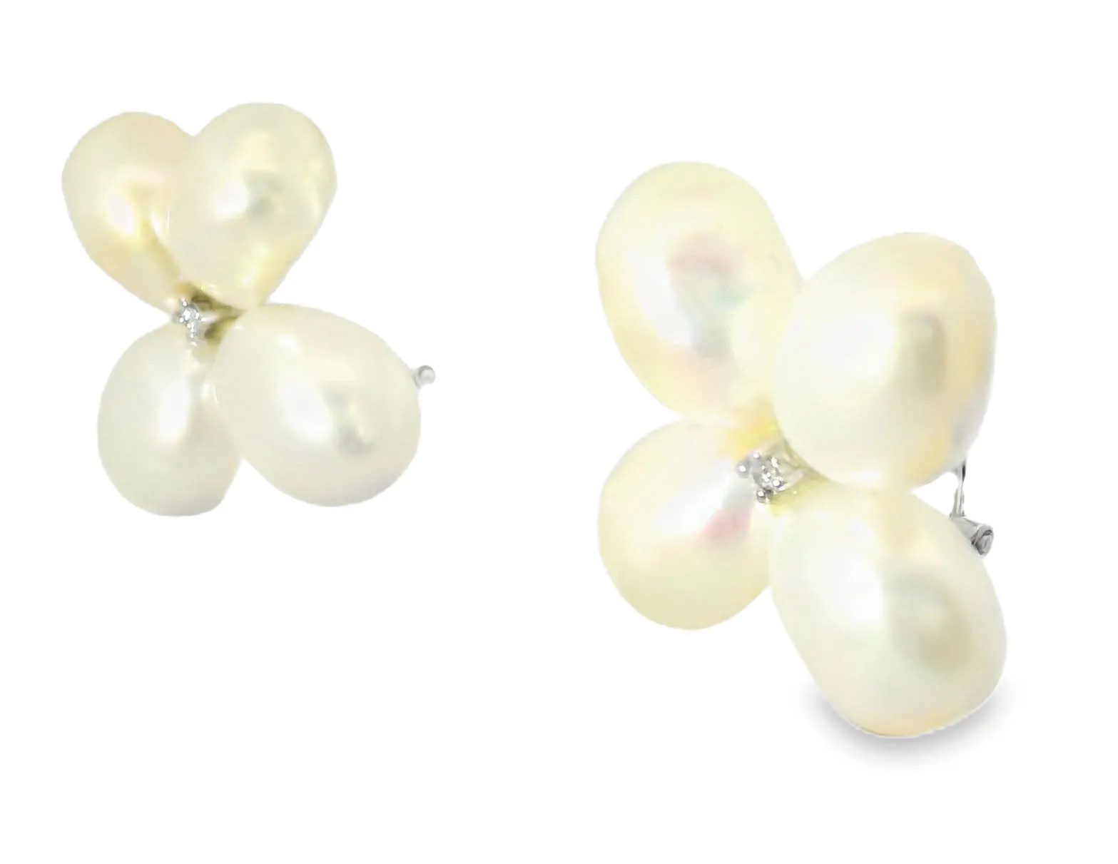 Magnificent Estate 14K White Gold Potato Pearl Diamond Floral Earrings