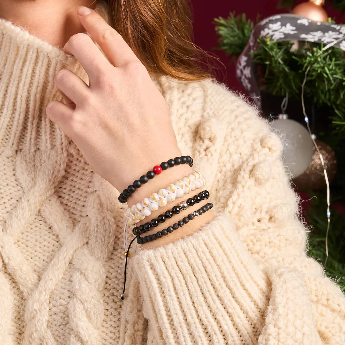 Matte Black Agate | Silver and Red Enamel | Santa Charm Bracelet