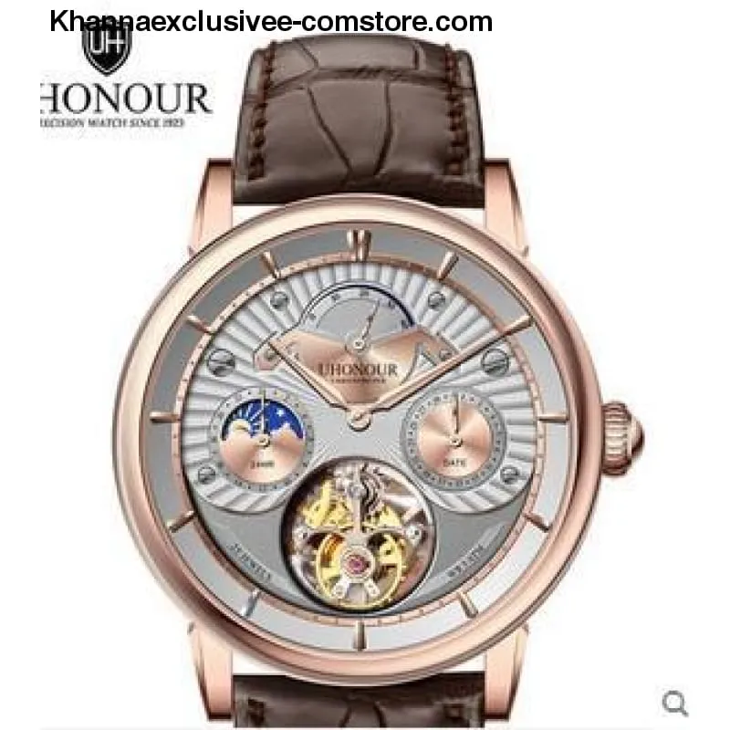 Men's Luxury Brand UHONOUR Tourbillon Sapphire 25 Jewels Mechanical Sea-gull Movement Wrist Watch