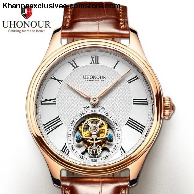 Men's Luxury Brand UHONOUR Tourbillon Sapphire 25 Jewels Mechanical Sea-gull Movement Wrist Watch