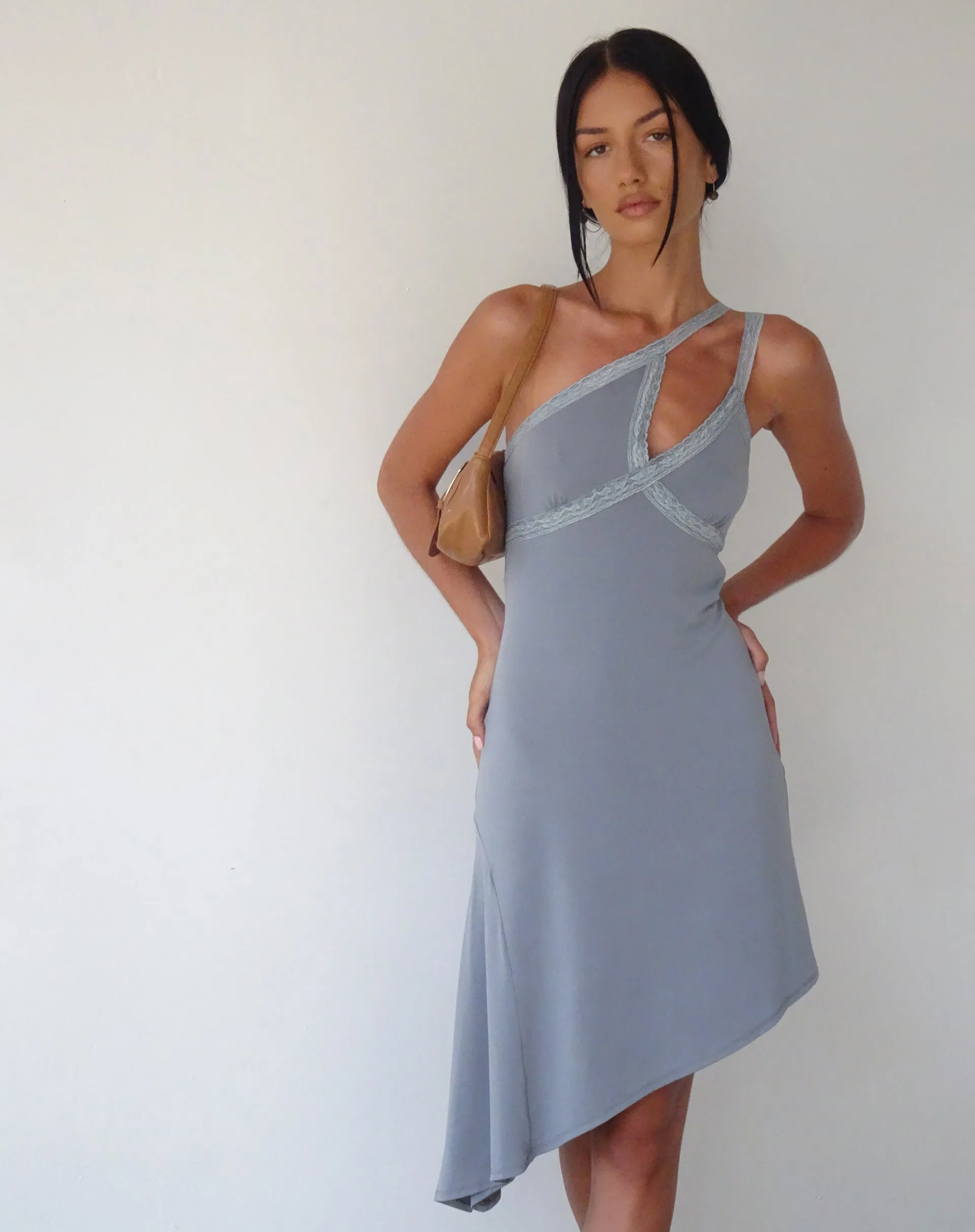 MOTEL X JACQUIE Chrissy Asymmetric Mini Dress in Slinky Grey