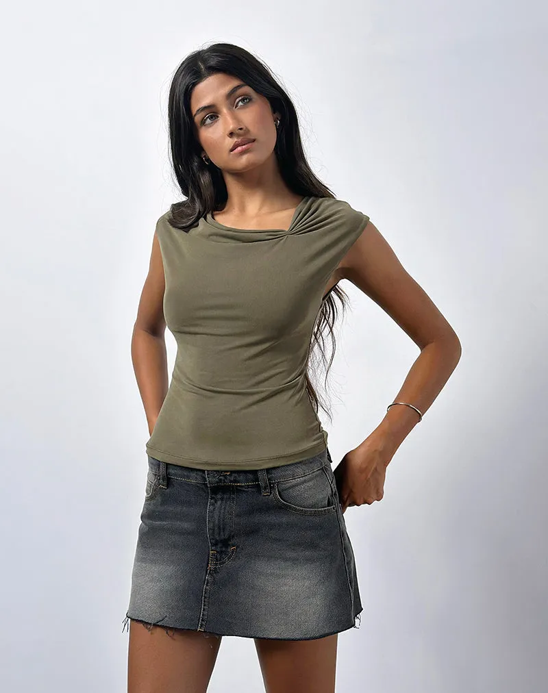 Nadja Gathered Neck Top in Cupro Khaki