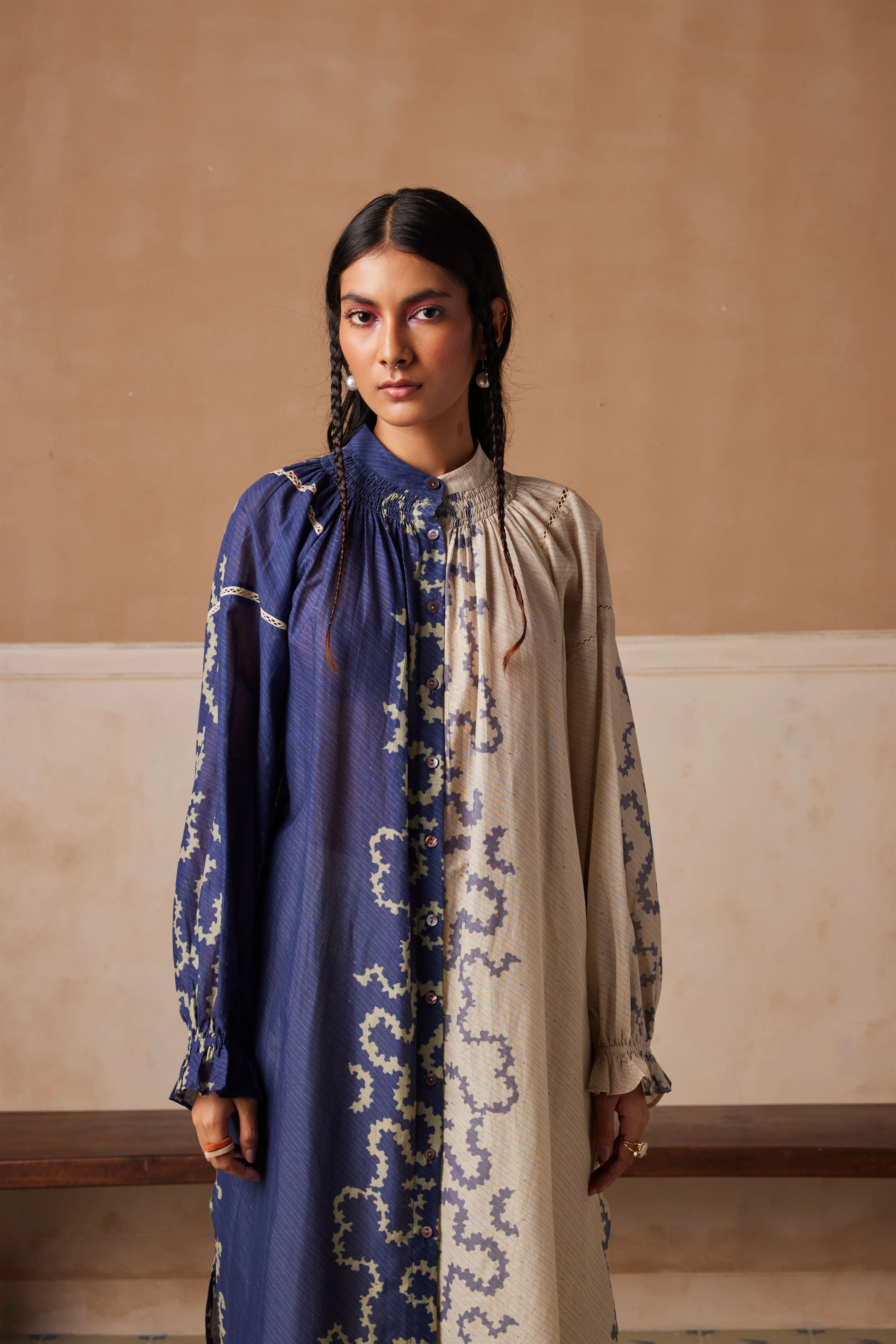 New Season Summer Fall 24-Dress Chloe Cotton Voil Indigo Ivory Spiral-SS24-CD-INISP-Fashion Edit Cord Studio