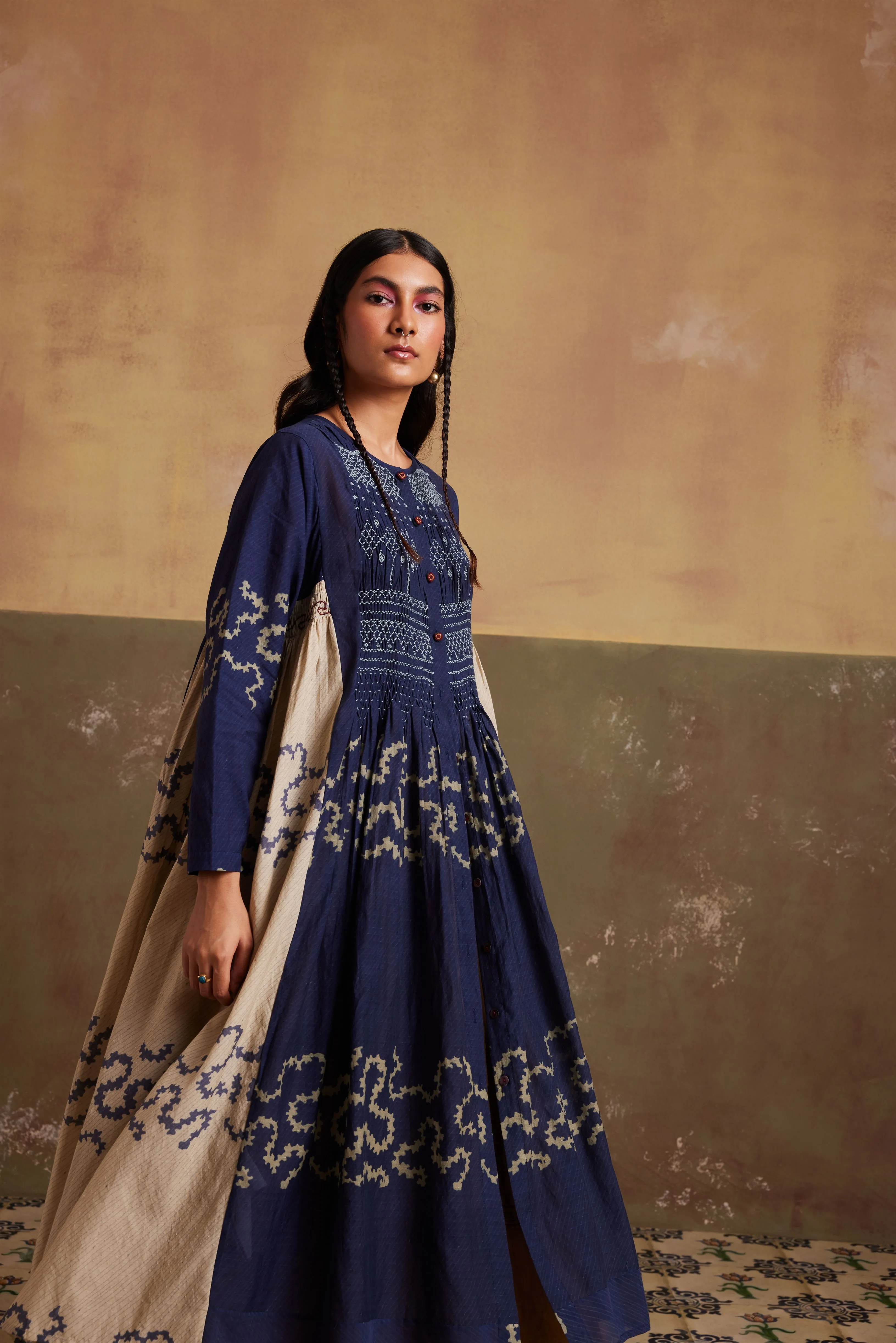 New Season Summer Fall 24-Dress Frida Cotton Indigo Ivory Spiral-SS24-FD-IIS-Fashion Edit Cord Studio