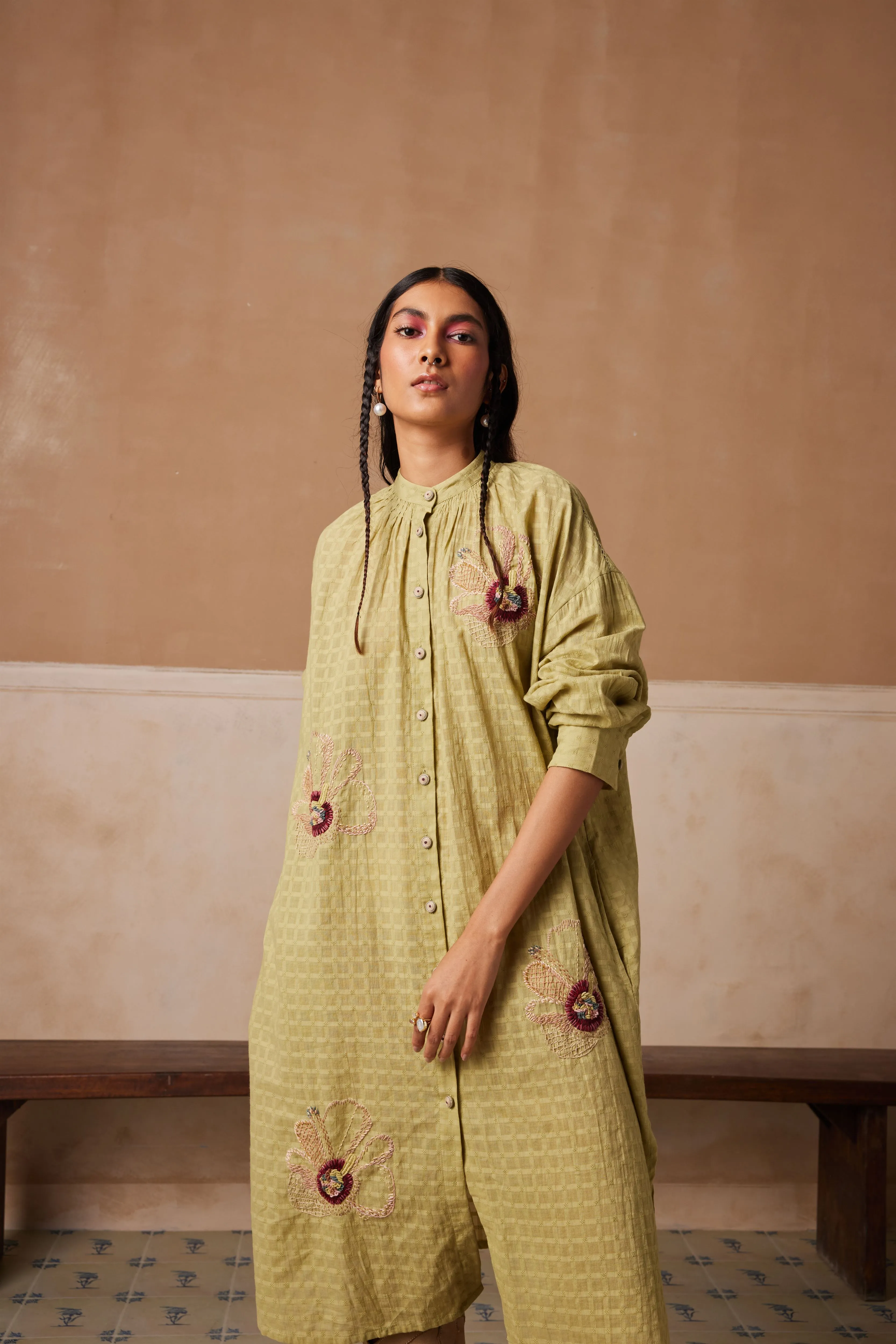 New Season Summer Fall 24-Dress Kaftan Shirt Cotton Lime green-SS24-KSD-LG-Fashion Edit Cord Studio