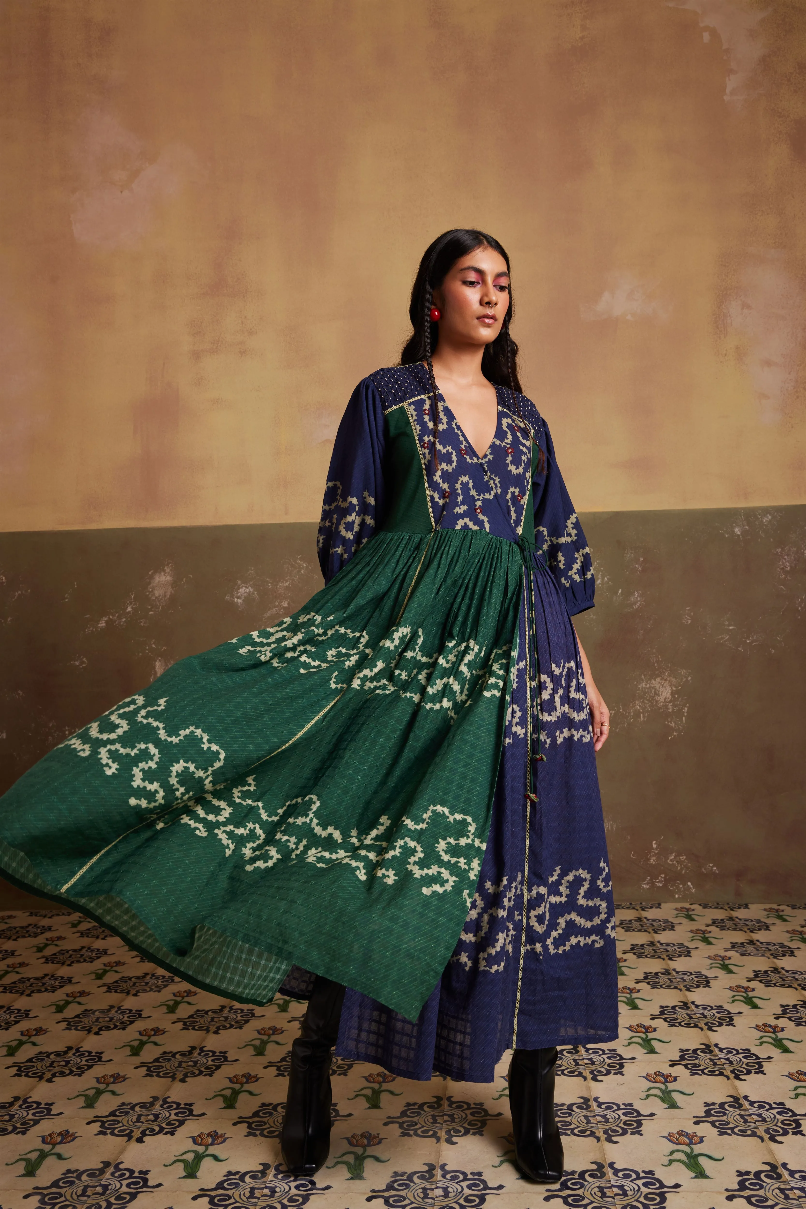New Season Summer Fall 24-Dress Poem Cotton Indigo Emerald Spiral-SS24-PMD-IES-Fashion Edit Cord Studio