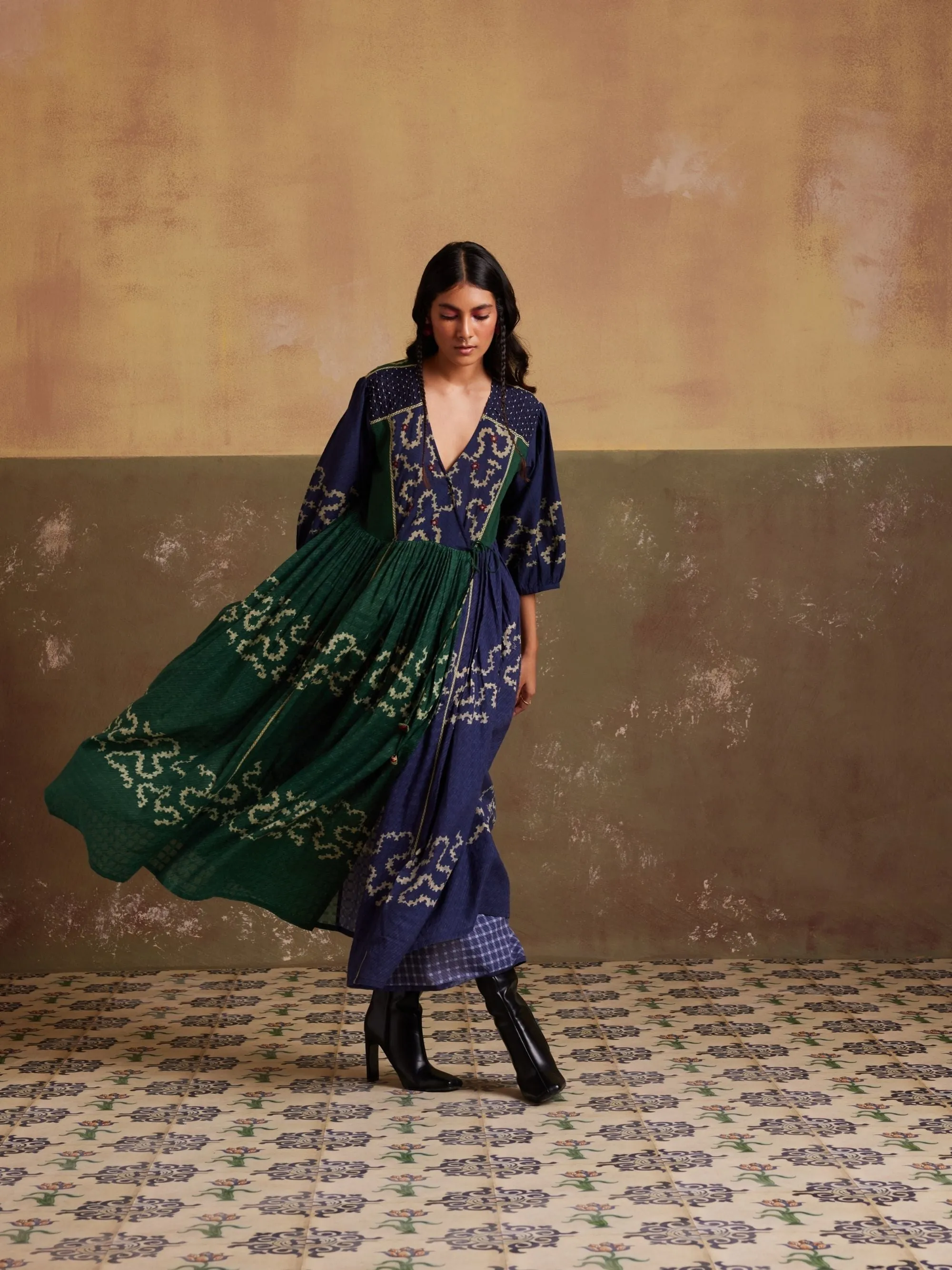 New Season Summer Fall 24-Dress Poem Cotton Indigo Emerald Spiral-SS24-PMD-IES-Fashion Edit Cord Studio
