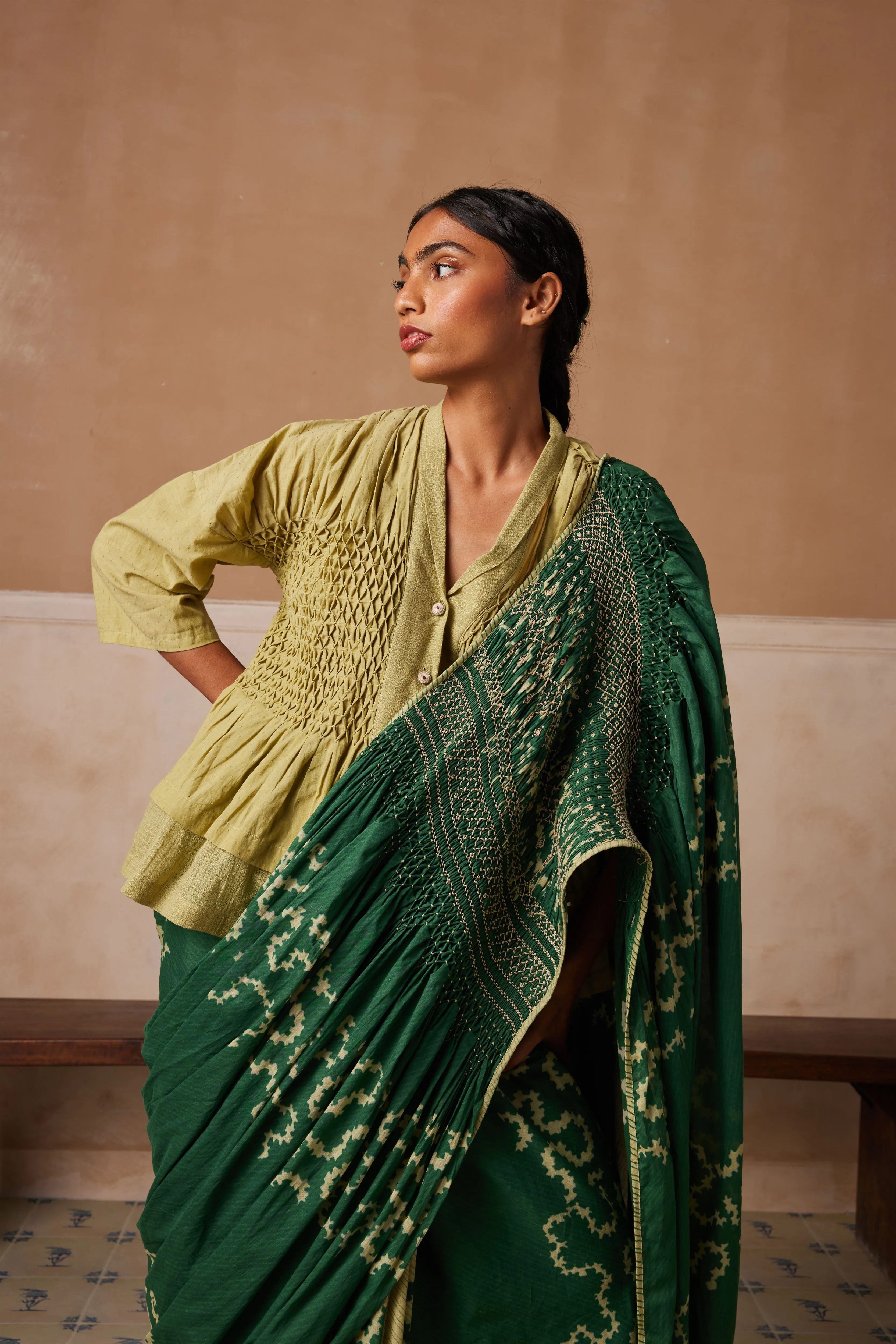 New Season Summer Fall 24-Saree Smocked Cotton Emerald Spiral-SS24-SR-ES-Fashion Edit Cord Studio