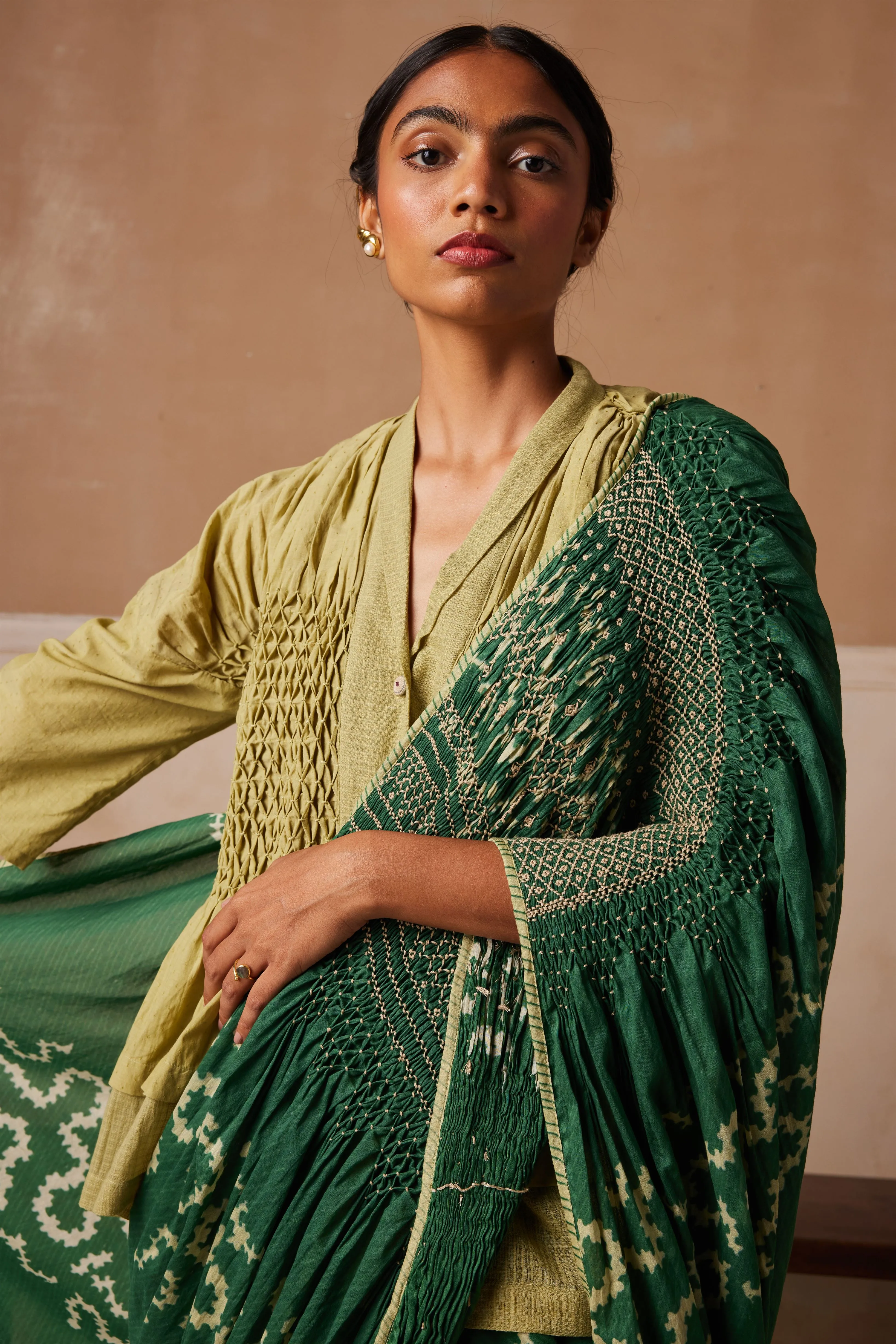 New Season Summer Fall 24-Saree Smocked Cotton Emerald Spiral-SS24-SR-ES-Fashion Edit Cord Studio