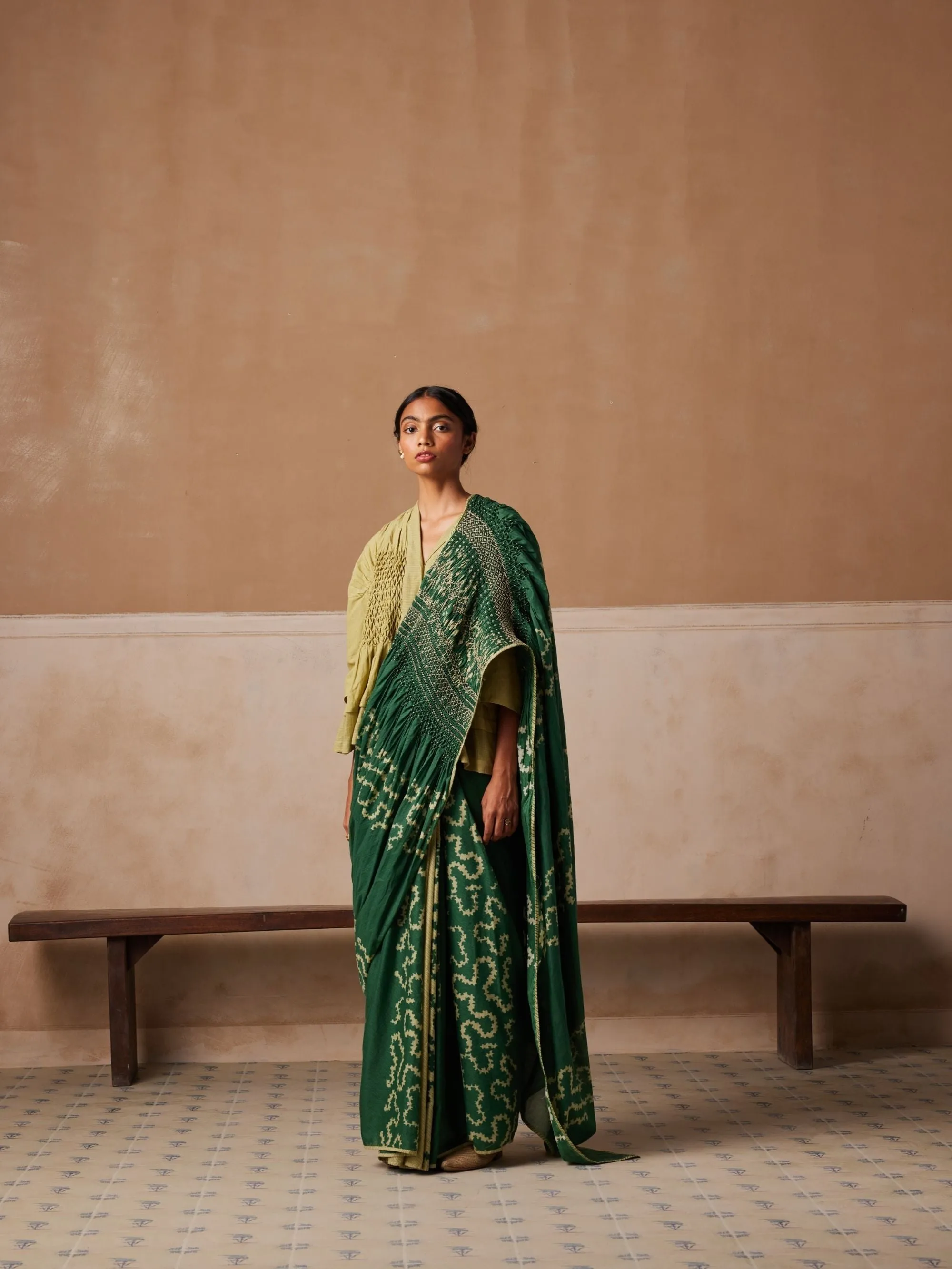 New Season Summer Fall 24-Saree Smocked Cotton Emerald Spiral-SS24-SR-ES-Fashion Edit Cord Studio