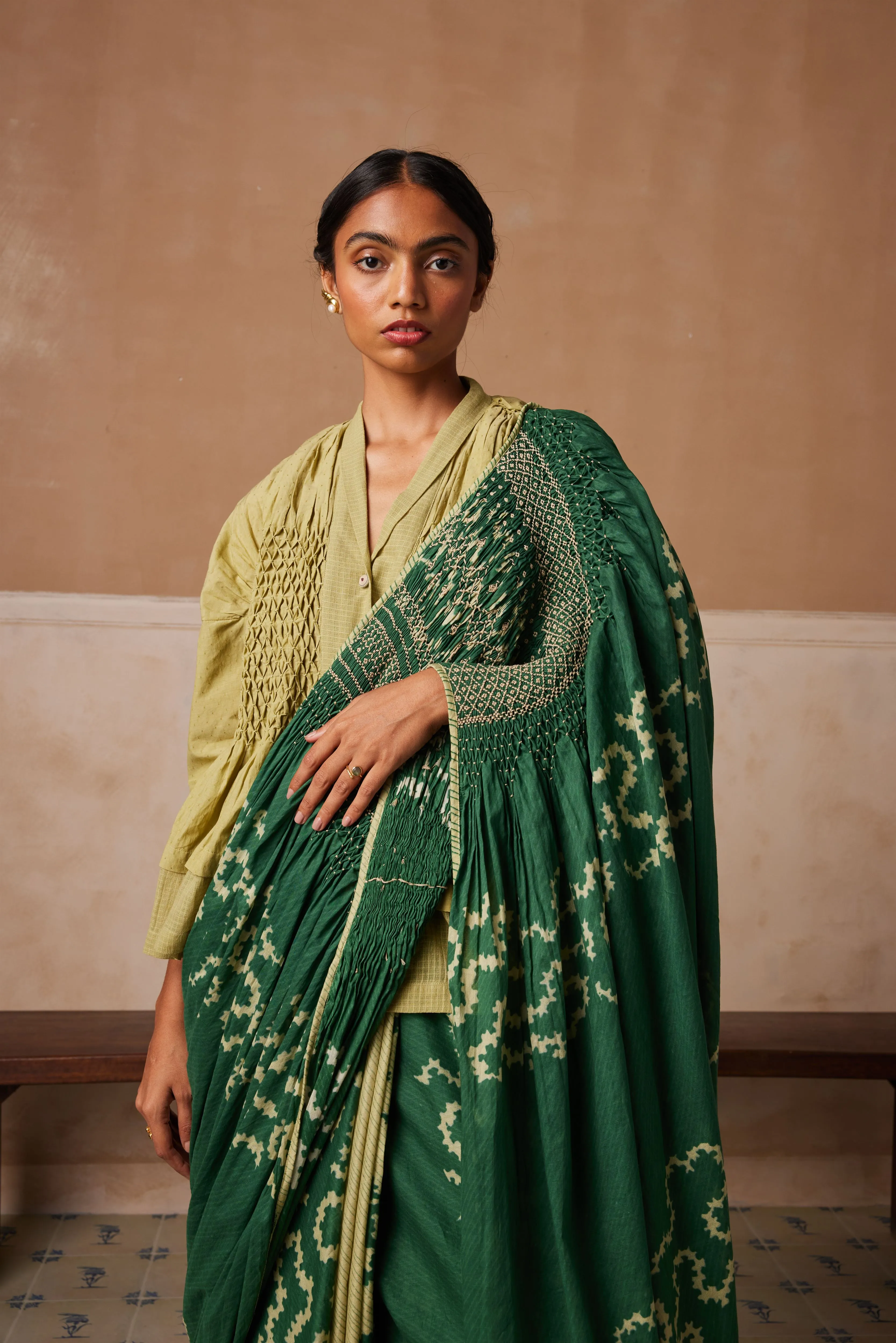 New Season Summer Fall 24-Saree Smocked Cotton Emerald Spiral-SS24-SR-ES-Fashion Edit Cord Studio