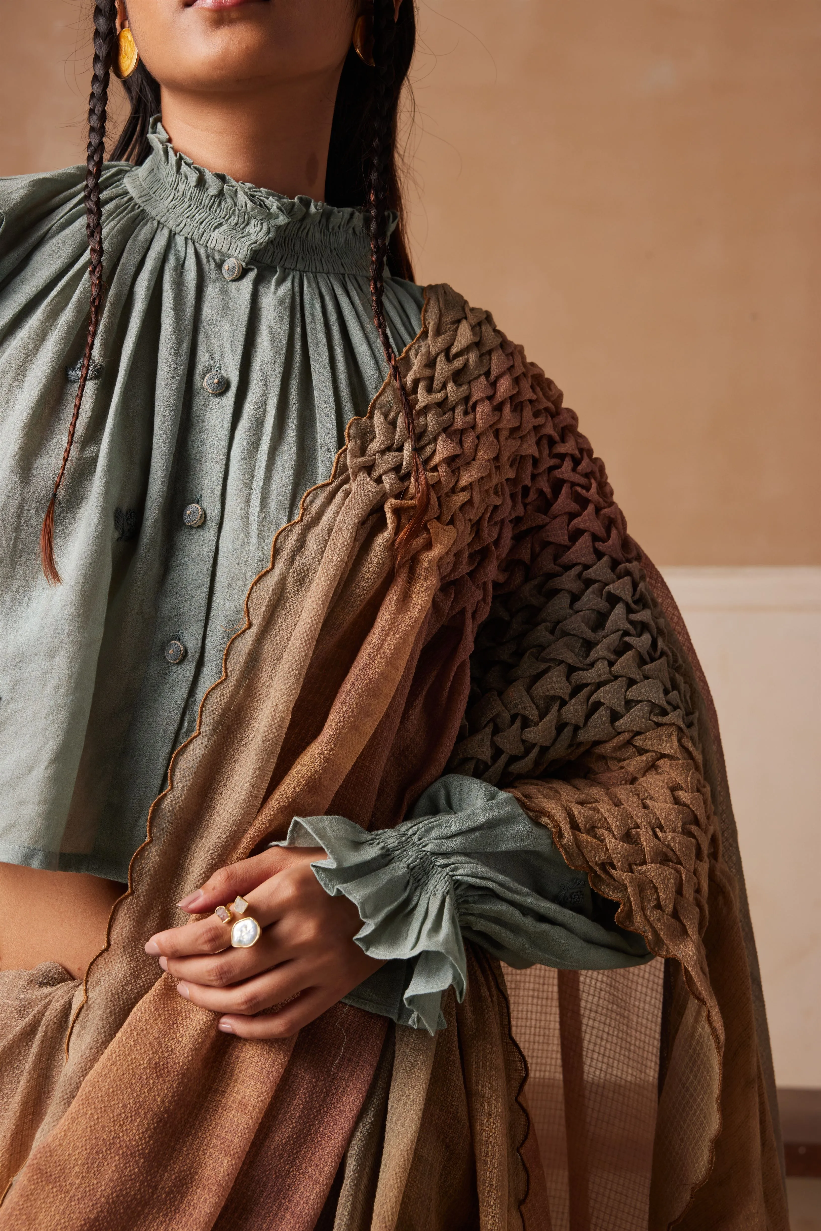 New Season Summer Fall 24-Saree Top Smocked Cotton Pale Blue Tan-SS24-SRST-PBT-Fashion Edit Cord Studio
