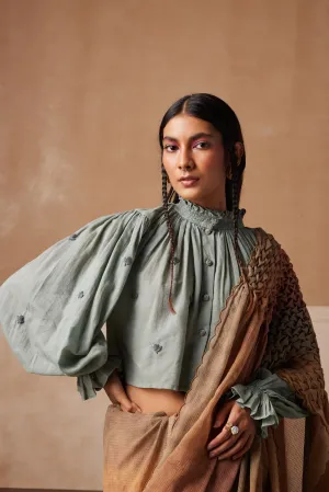 New Season Summer Fall 24-Saree Top Smocked Cotton Pale Blue Tan-SS24-SRST-PBT-Fashion Edit Cord Studio
