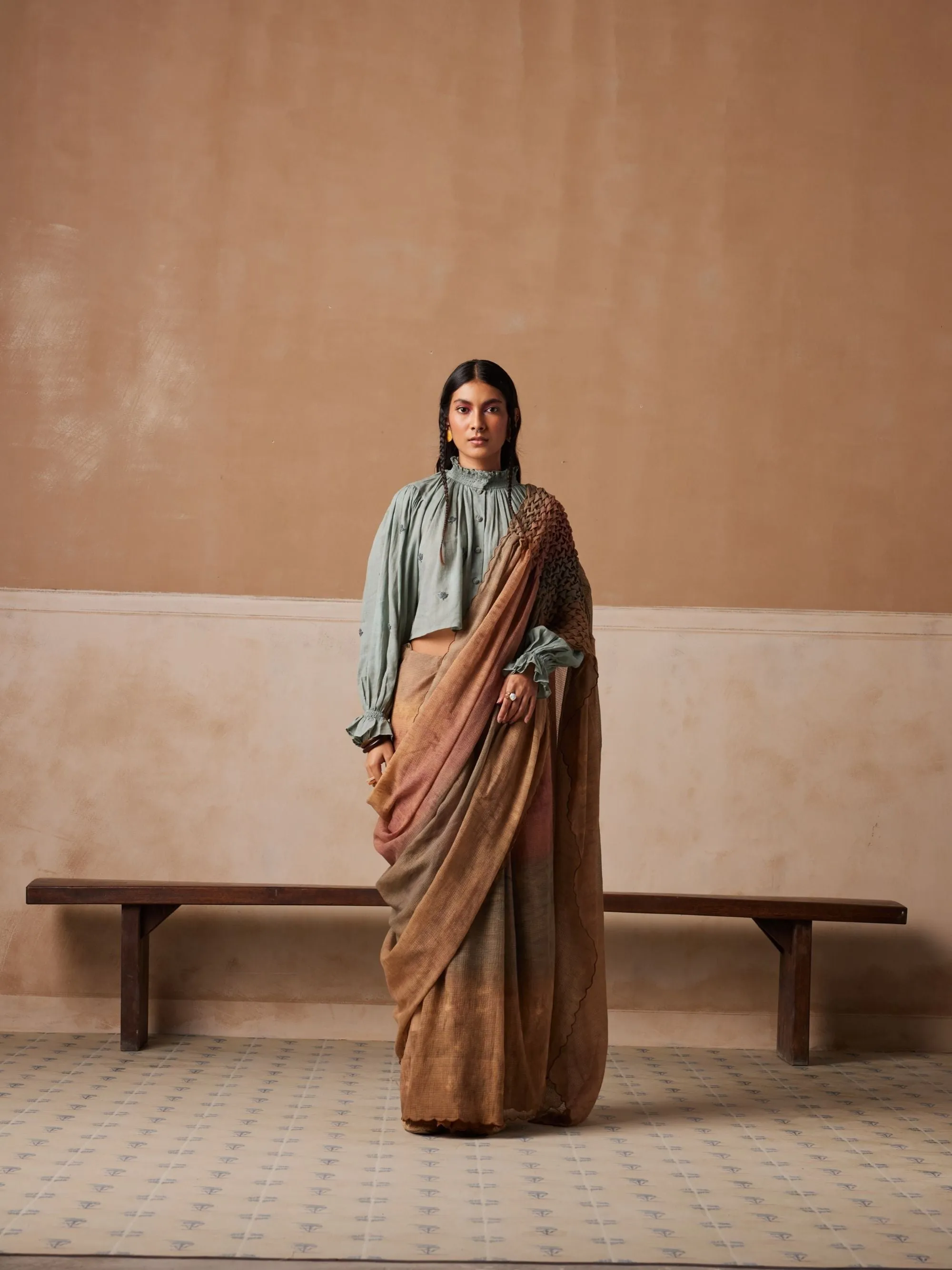 New Season Summer Fall 24-Saree Top Smocked Cotton Pale Blue Tan-SS24-SRST-PBT-Fashion Edit Cord Studio