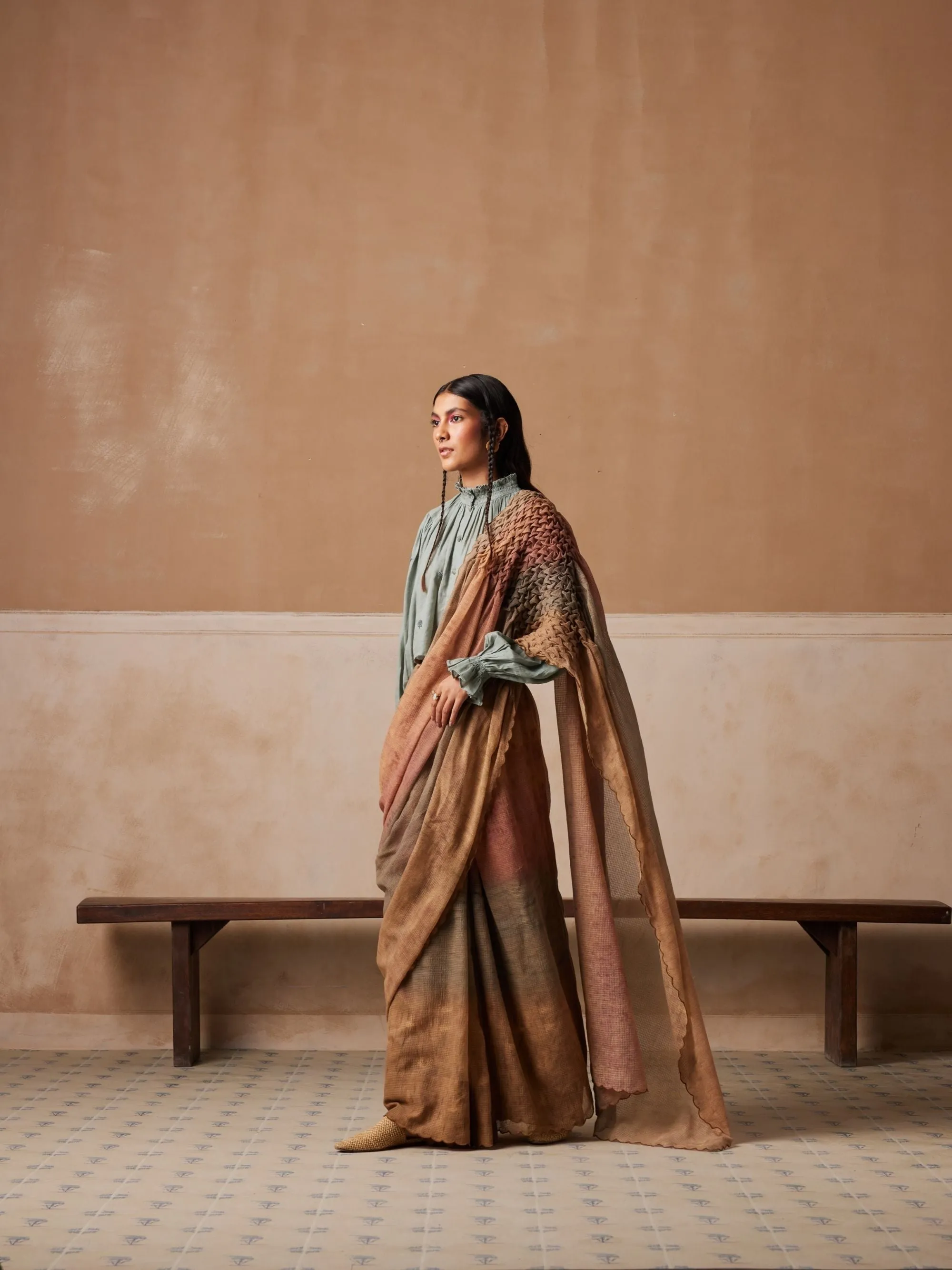 New Season Summer Fall 24-Saree Top Smocked Cotton Pale Blue Tan-SS24-SRST-PBT-Fashion Edit Cord Studio