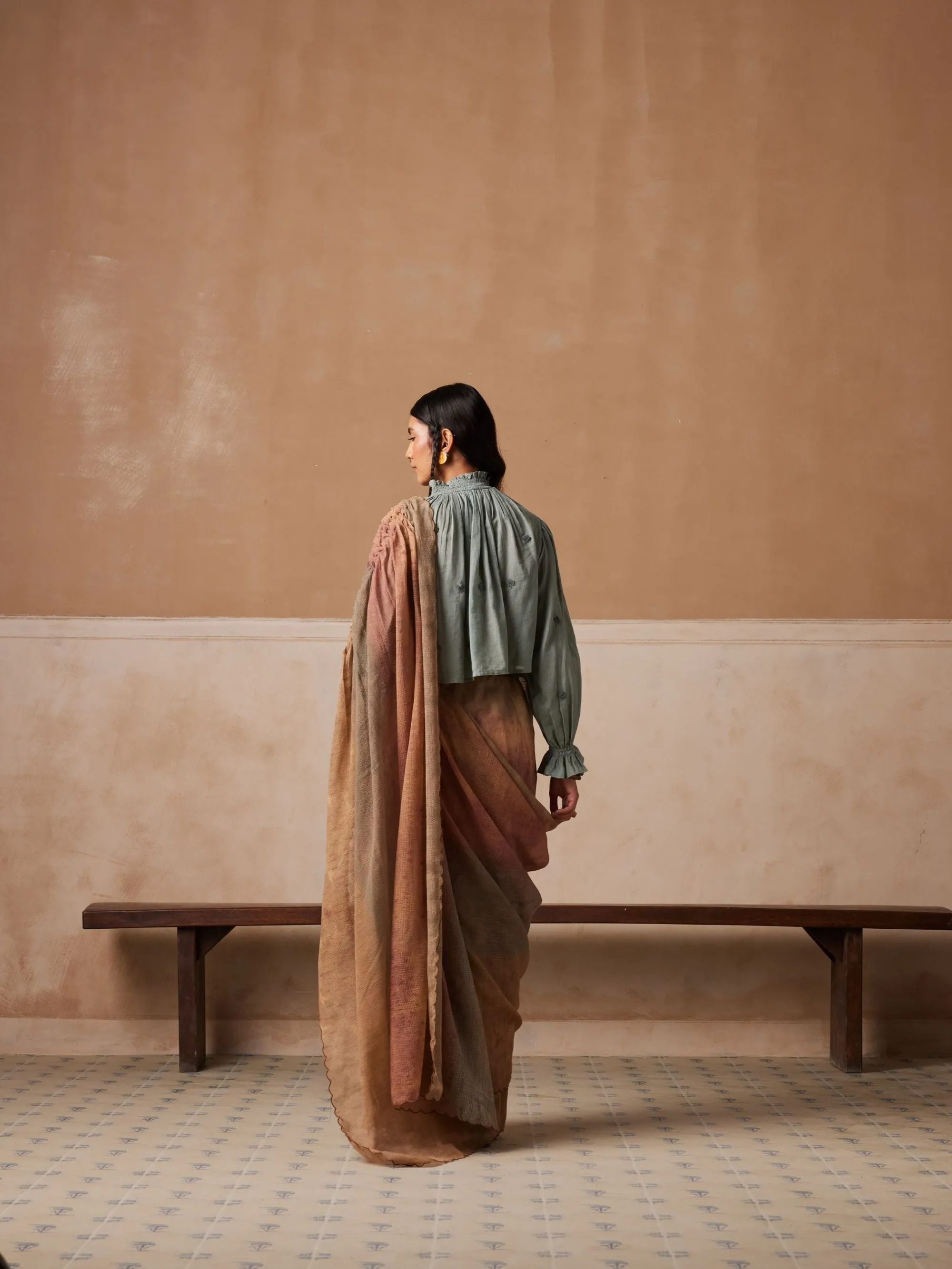 New Season Summer Fall 24-Saree Top Smocked Cotton Pale Blue Tan-SS24-SRST-PBT-Fashion Edit Cord Studio