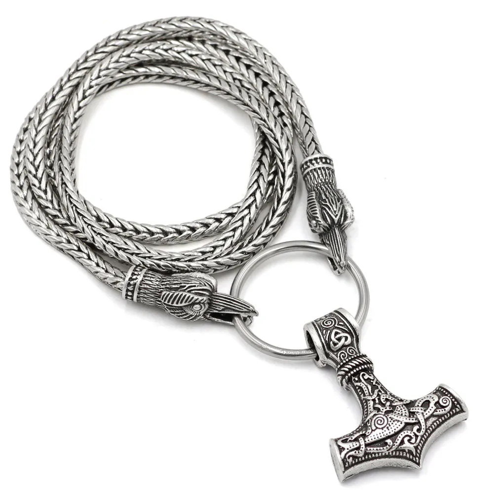 Norse Viking Snake Chain Odin's Ravens Of Thor's Hammer Mjolnir Necklace