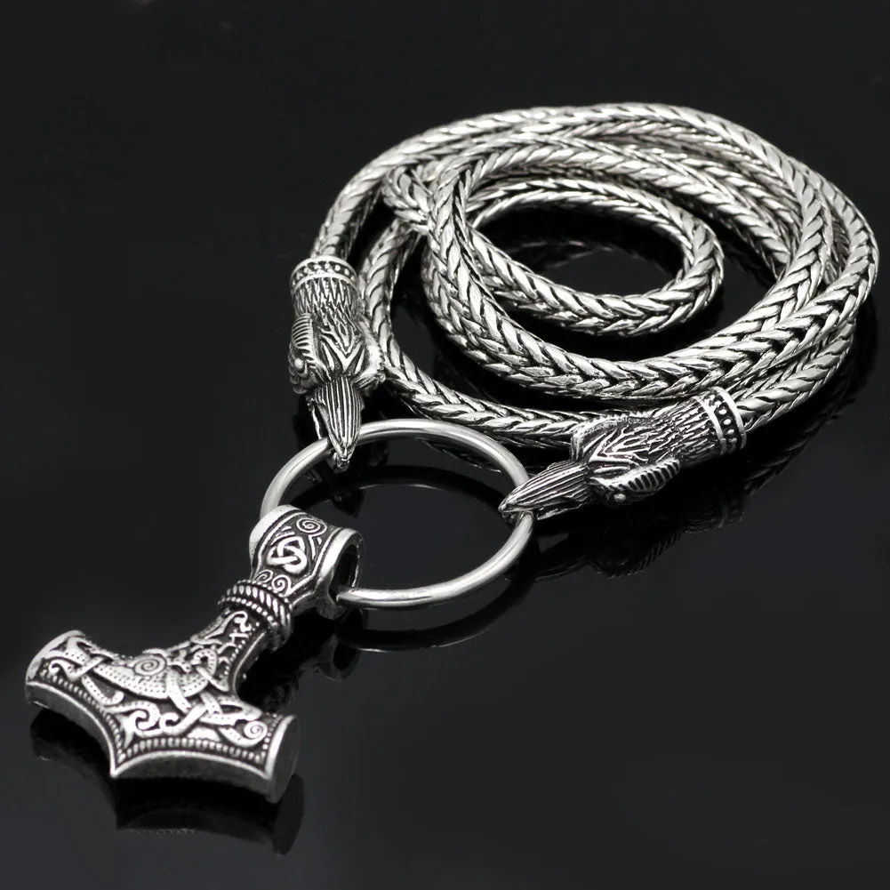Norse Viking Snake Chain Odin's Ravens Of Thor's Hammer Mjolnir Necklace