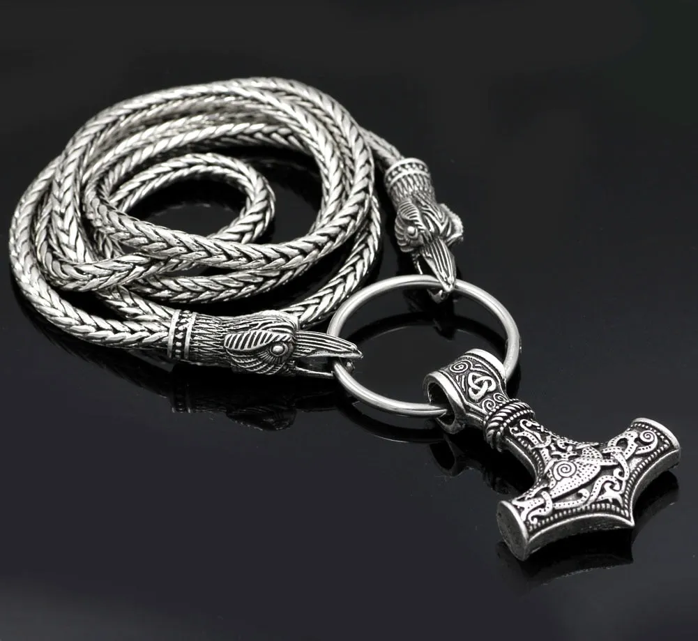 Norse Viking Snake Chain Odin's Ravens Of Thor's Hammer Mjolnir Necklace