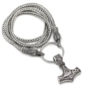Norse Viking Snake Chain Odin's Ravens Of Thor's Hammer Mjolnir Necklace