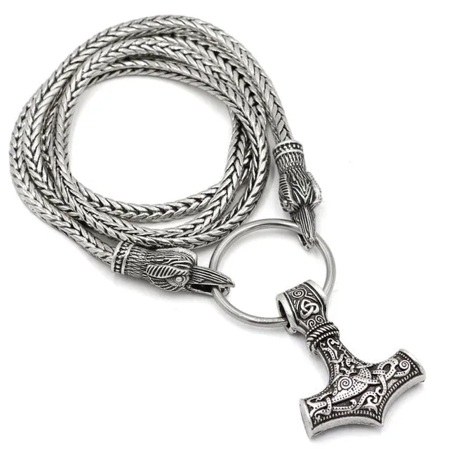 Norse Viking Snake Chain Odin's Ravens Of Thor's Hammer Mjolnir Necklace