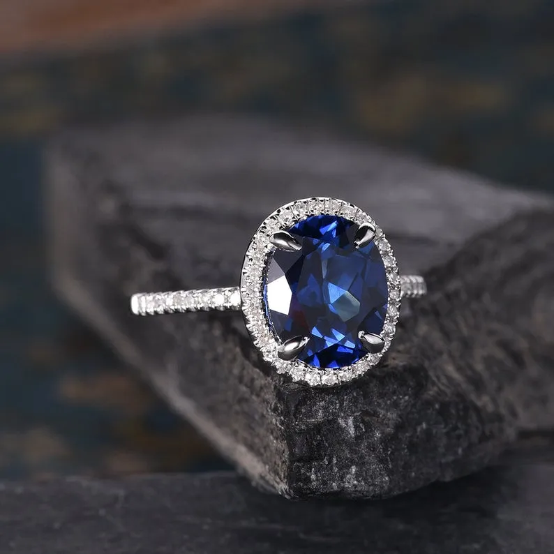 Oval Cut Blue Sapphire, Classic Halo Ring