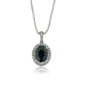 Oval Peacock Sapphire and Diamond Halo Pendant