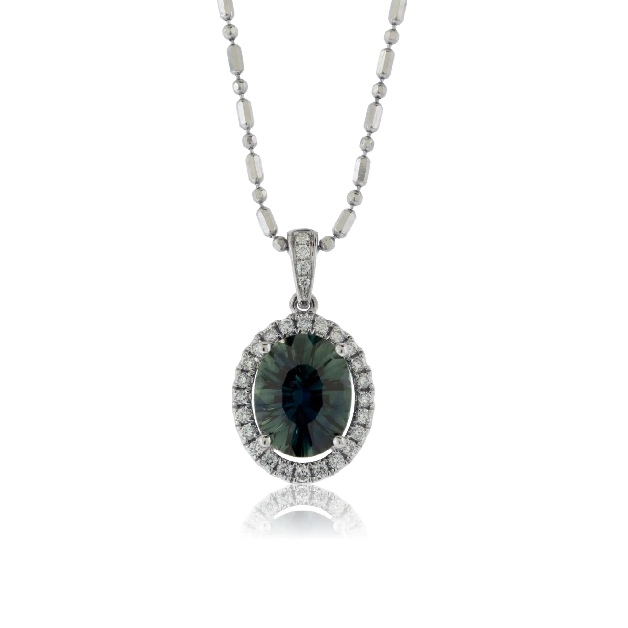 Oval Peacock Sapphire and Diamond Halo Pendant
