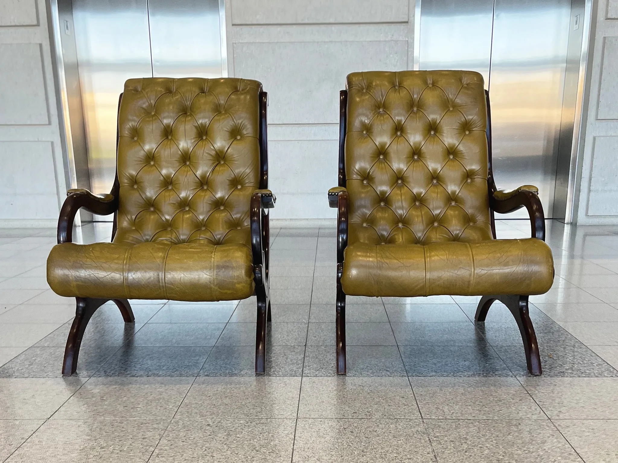 Pair of 20th Century Regency Style Leather & Mahogany Armchairs