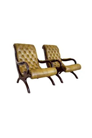 Pair of 20th Century Regency Style Leather & Mahogany Armchairs