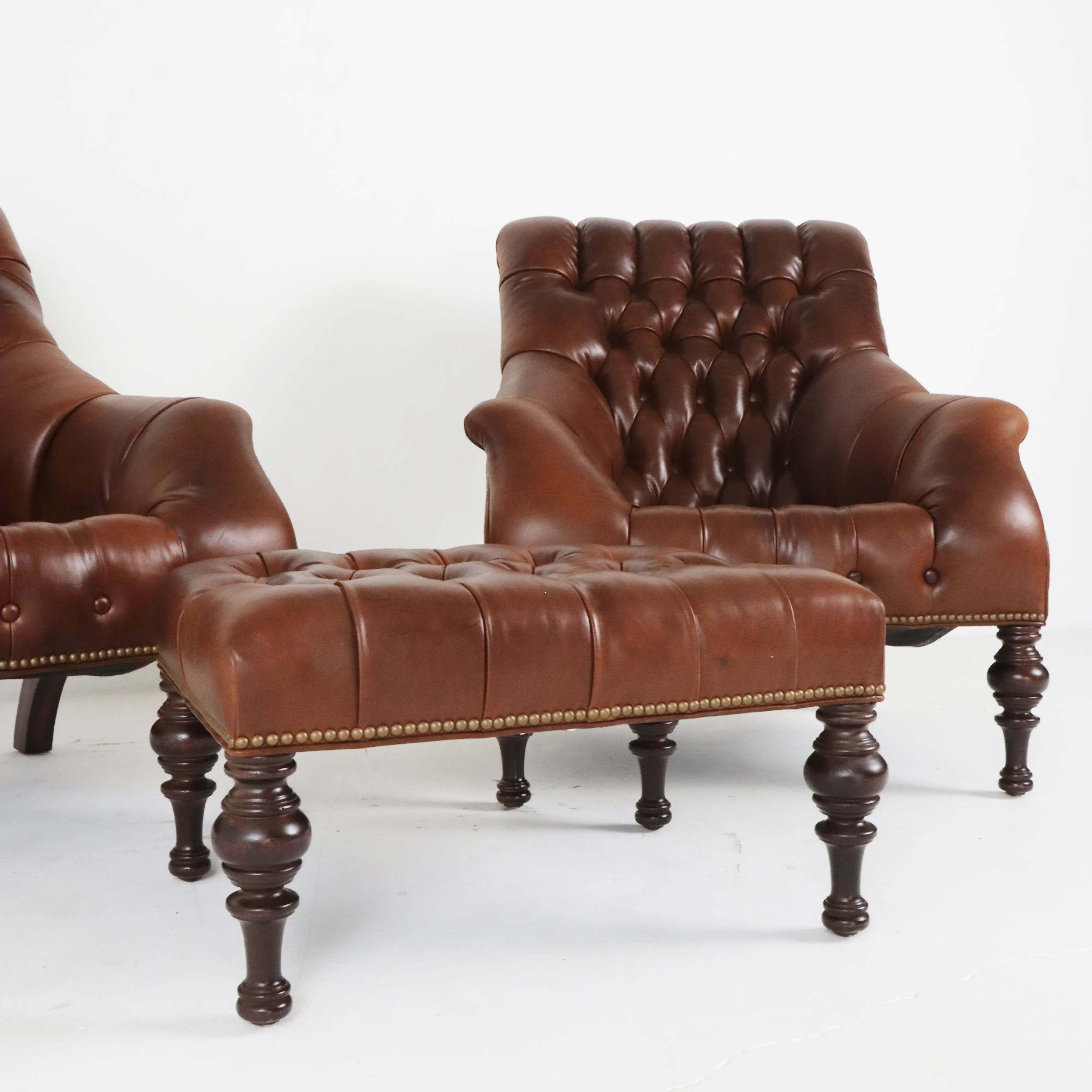 Pair of Irving Leather Chairs & Ottoman
