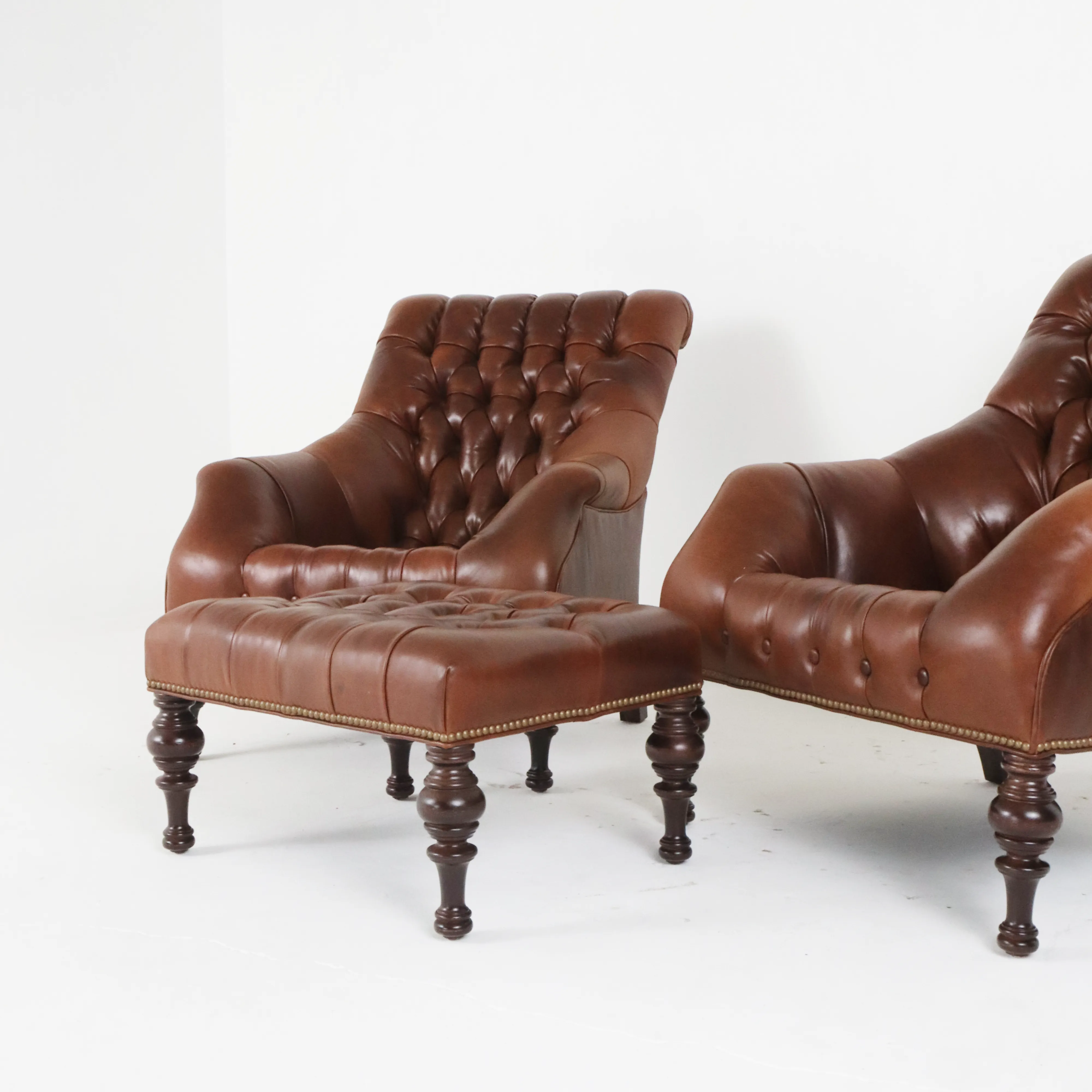 Pair of Irving Leather Chairs & Ottoman