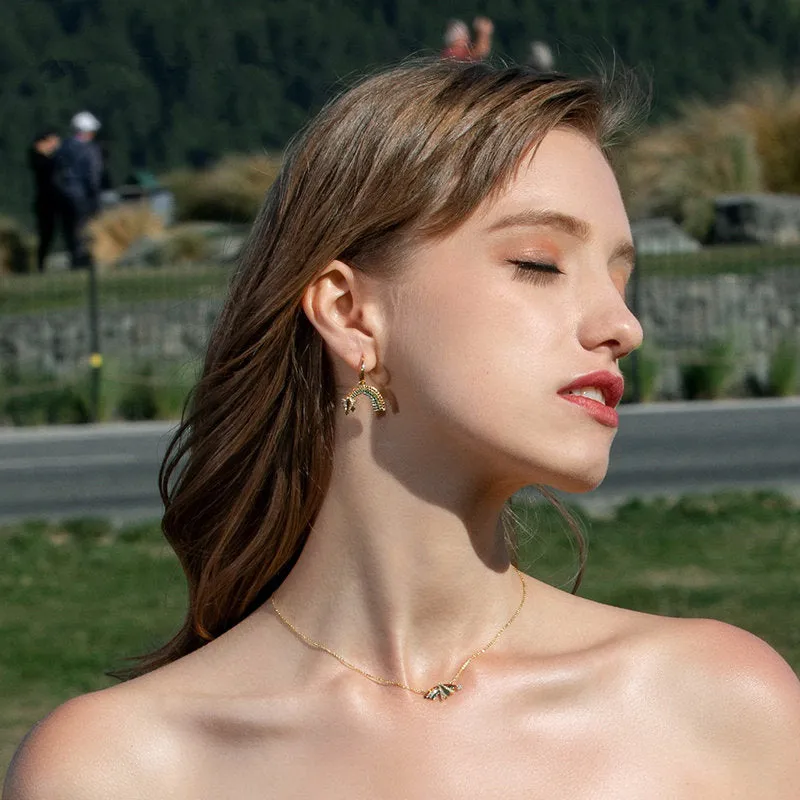 Paper Airplane with Rainbow Huggie Hoop Diamond Earrings