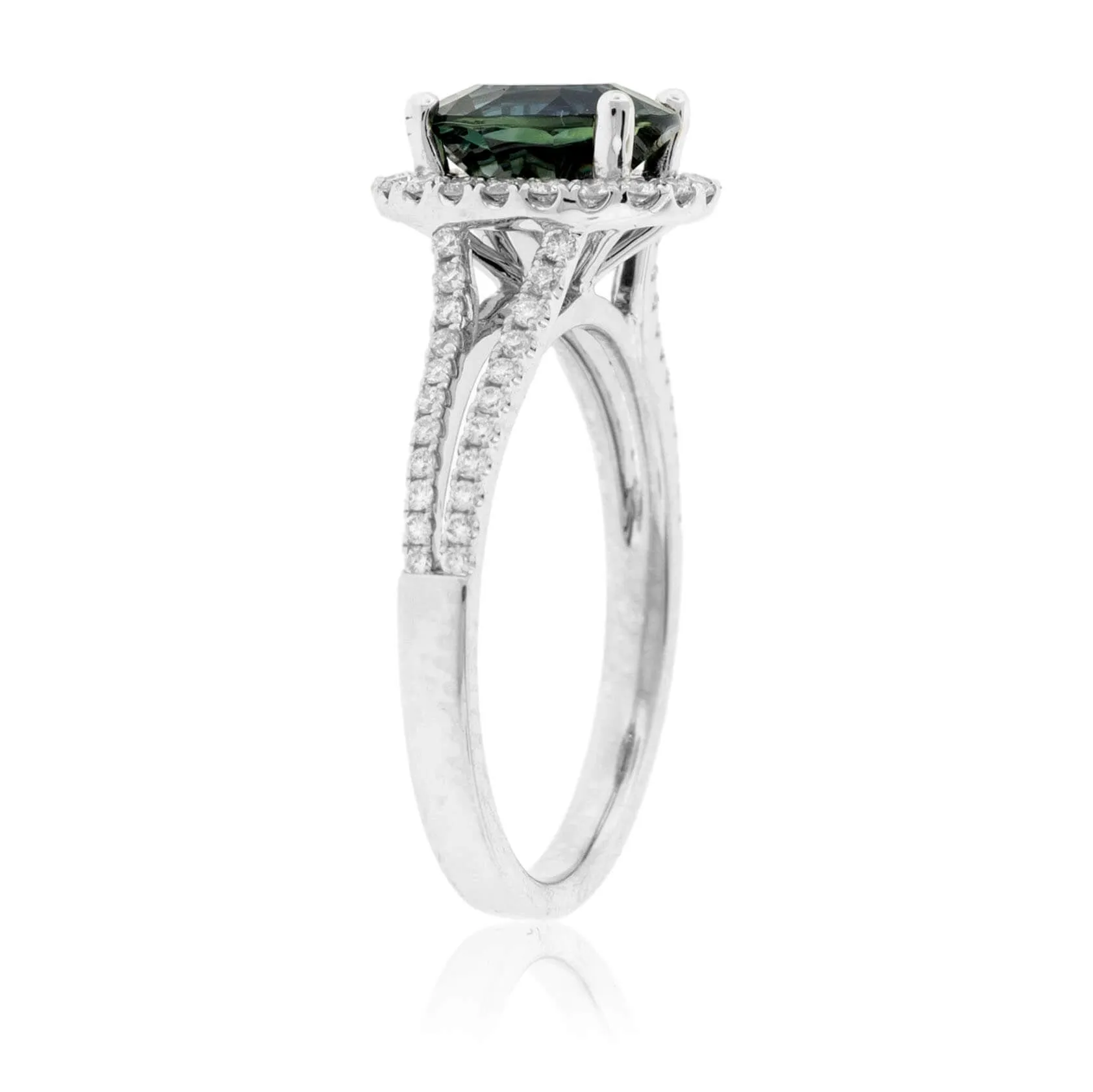 Peacock Blue-Green Sapphire & Diamond Halo Ring