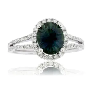 Peacock Blue-Green Sapphire & Diamond Halo Ring