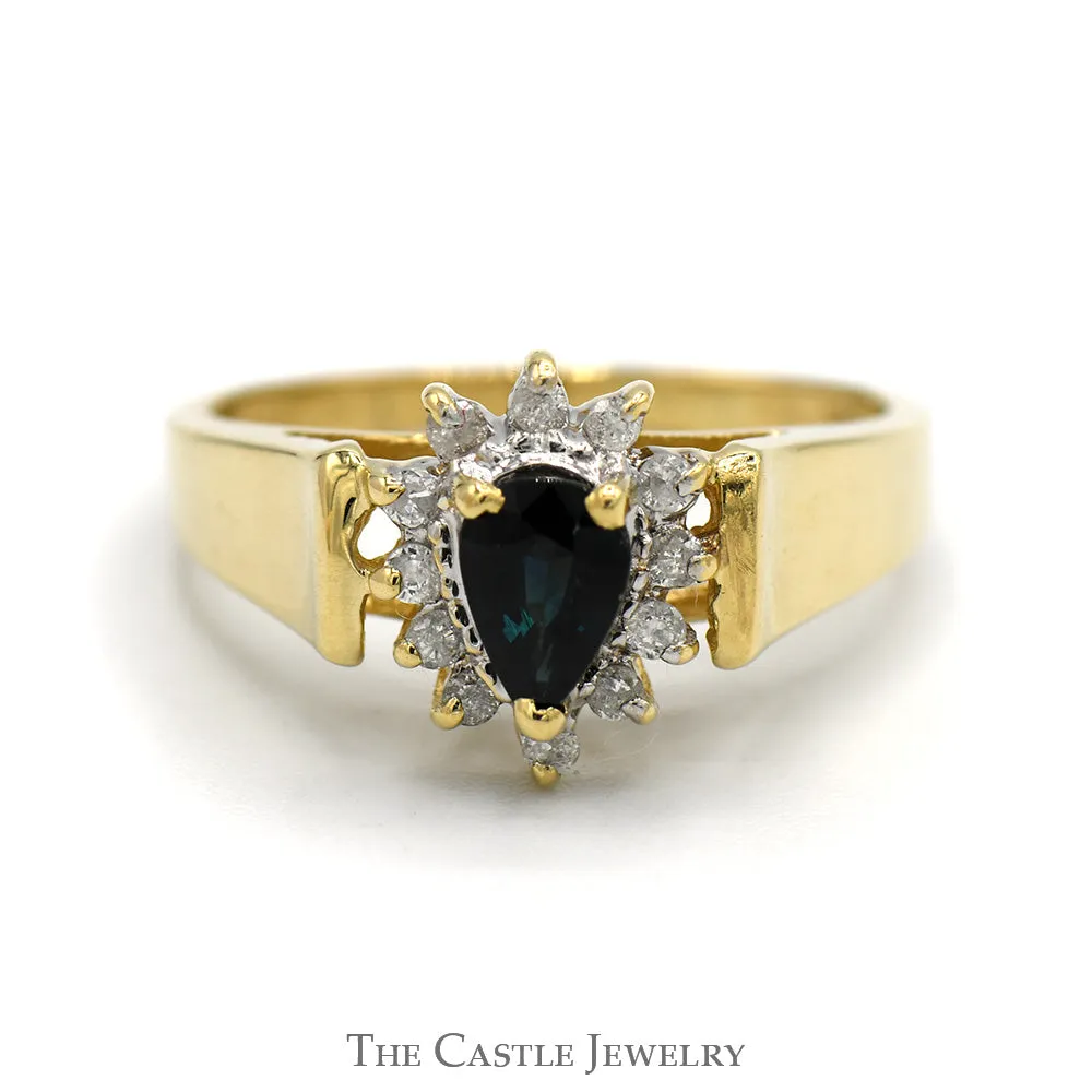 Pear Cut Sapphire Ring with Diamond Halo in 10k Yellow Gold
