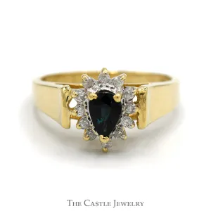 Pear Cut Sapphire Ring with Diamond Halo in 10k Yellow Gold