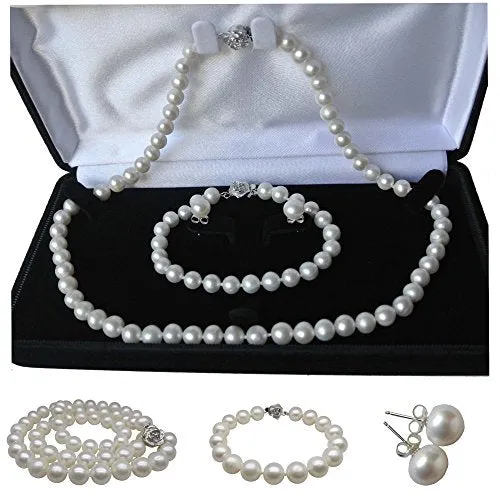 Pearl Romance 20" inch 3pc Set Cultured Round White Strand Pearl Necklace Bracelet Stud Earrings Genuine Freshwater 6mm 7mm 8mm 9mm 10mm 11mm (6.0-6.5mm)