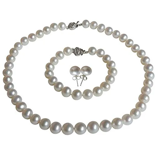 Pearl Romance 20" inch 3pc Set Cultured Round White Strand Pearl Necklace Bracelet Stud Earrings Genuine Freshwater 6mm 7mm 8mm 9mm 10mm 11mm (6.0-6.5mm)