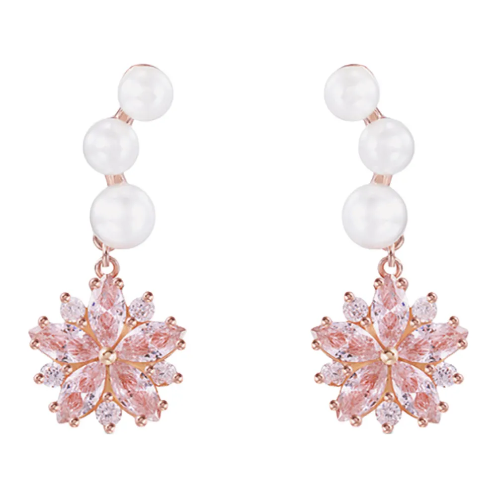Pink Sapphire Sakura with Pearls Dangle Earrings