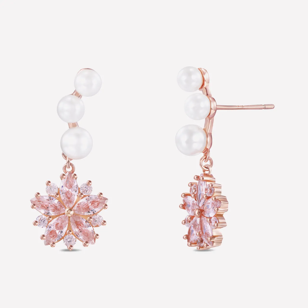 Pink Sapphire Sakura with Pearls Dangle Earrings