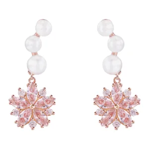 Pink Sapphire Sakura with Pearls Dangle Earrings